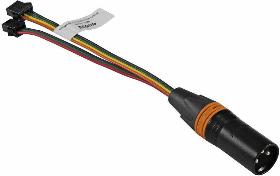Kabeladapter med flera färgade ledningar, avslutas med en XLR-kontakt. Lämpad för ljud- eller elektriska anslutningar.