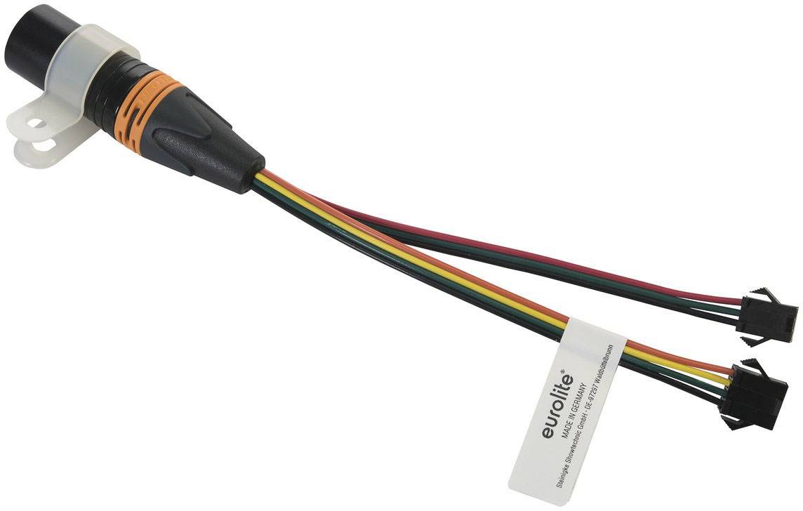 Adapterkabel med 5-stifts kontakt till två 4-poliga uttag. Lämplig för belysningsutrustning, orange-svart markering på kontakten.