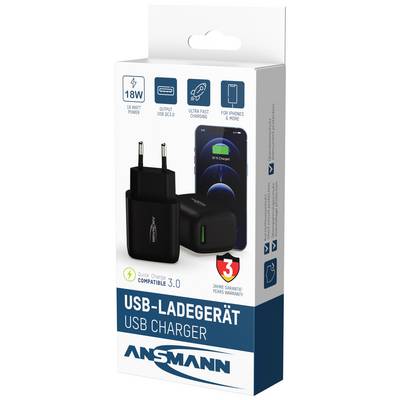 USB-laddare i svart förpackning med text 'USB-laddare'. Visar 18W laddeffekt och kompatibilitet med telefoner på framsidan.