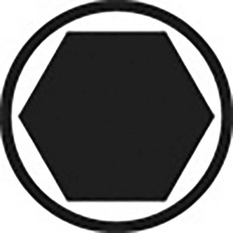 Svart hexagon omgiven av en svart cirkel på vit bakgrund.