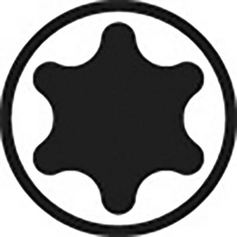 Cirkelformat logotyp med svart sexudd, omgiven av en svart cirkel.