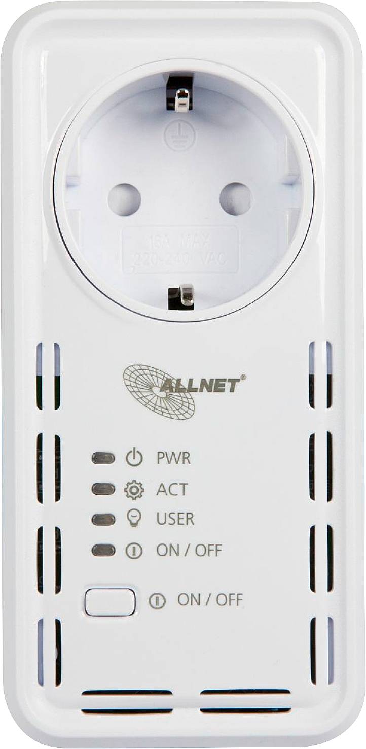 Vit WLAN-kontakt med logotyper och kontrollampor. Strömbrytare för på/av-funktion. Modell från Allnet.