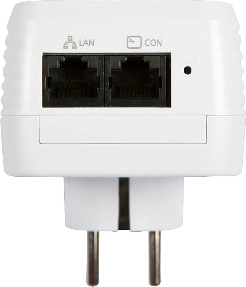 En vit elektronisk adapter med två nätverksanslutningar, märkta 'LAN' och 'CON', samt en 'Reset'-knapp.