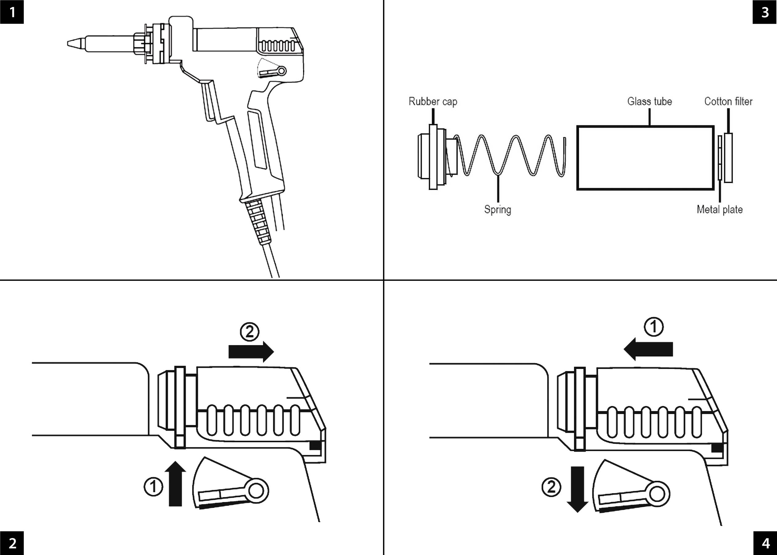 'Illustration av en instruktion för användning av en limpistol i fyra steg: 1. Visa enheten; 2. Spänna fjädern; 3. Bygg upp limmet; 4. Starta limningsprocessen.'