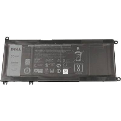 Dell-laptopbatteri med 56 Wh och säkerhetsanvisningar i ett svart hölje. Innehåller olika certifieringslogotyper.