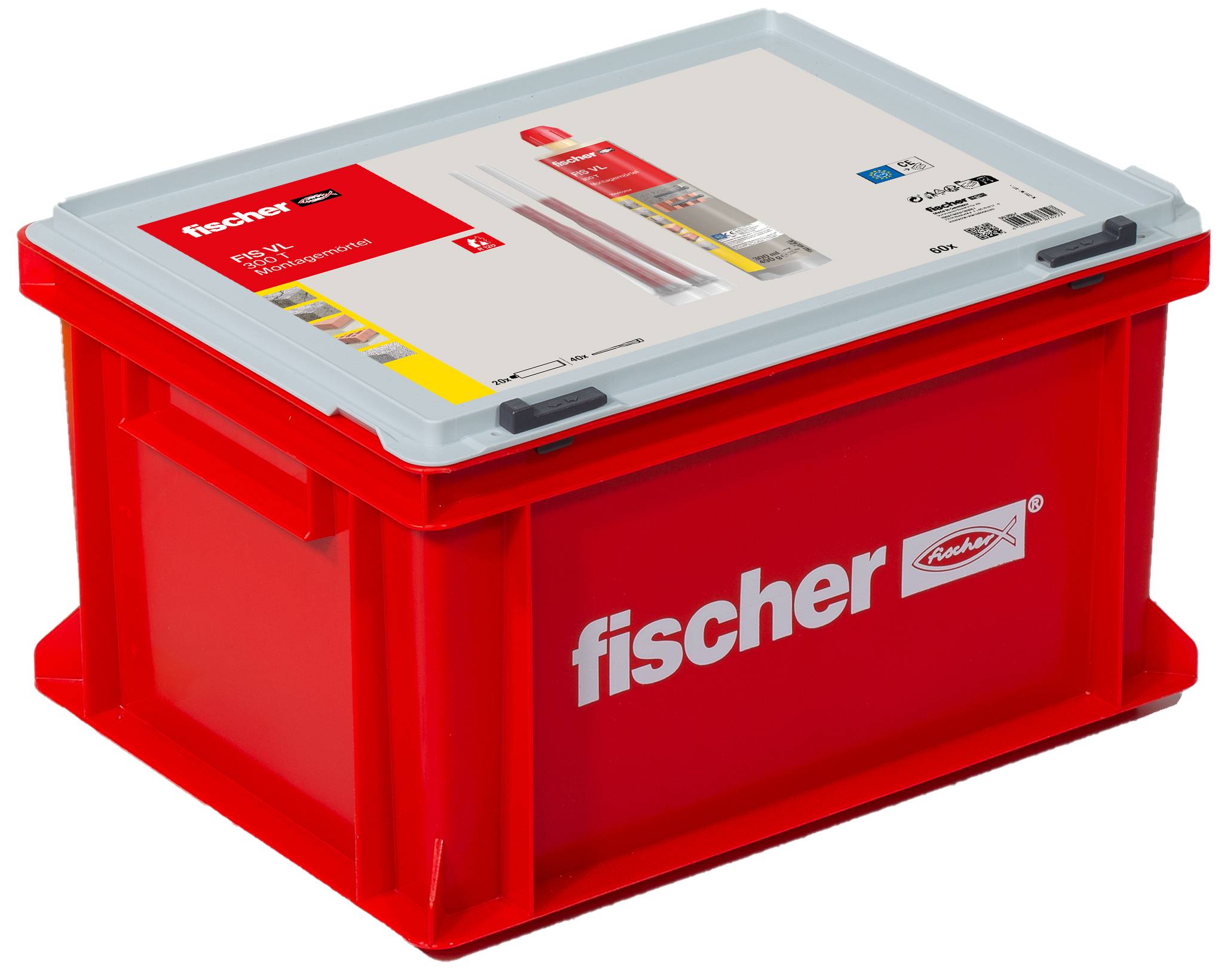 Röd plastFischer förvaringslåda med grått lock och produktetiketter, visad på vit bakgrund.