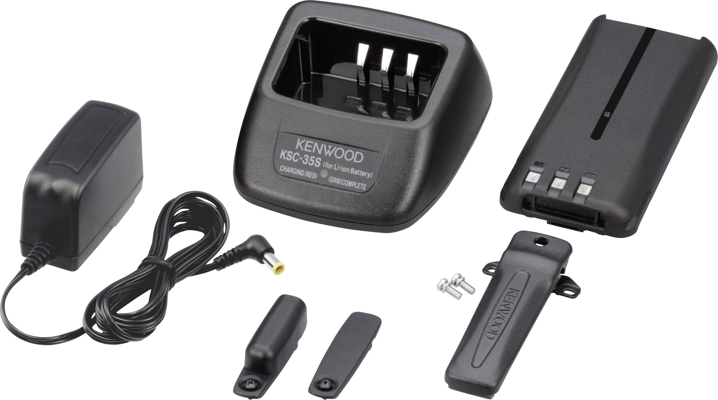 Laddningsset bestående av nätadapter, laddningsbas, bältesklämma och fästskruvar. Kompatibel med Kenwood kommunikationsutrustning.