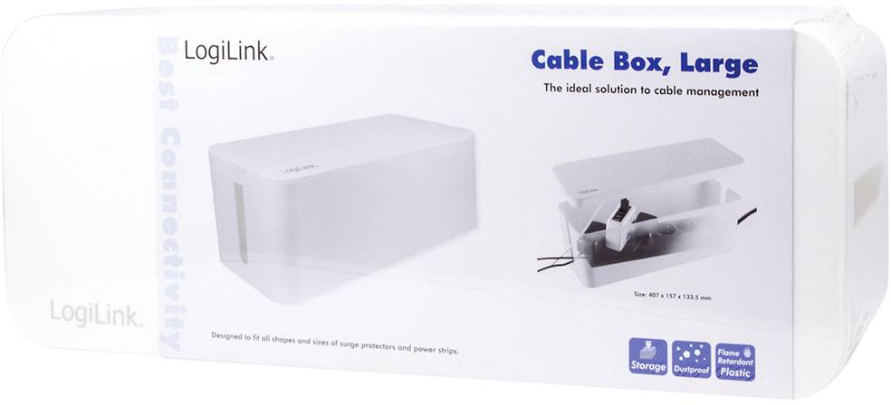 'LogiLink Kabelbox, stor. Den idealiska lösningen för kabelorganisation. Vit, för olika storlekar av nätadaptrar och grenuttag.'