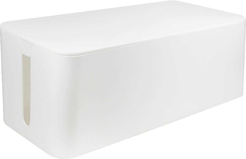 Vit kabelbox med rundade hörn, perfekt för att organisera och dölja kablar snyggt på ett skrivbord eller golv.