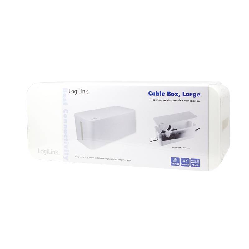 Vit kabelbox från LogiLink, stor storlek. Tryckt text: 'Kabelbox, Stor. Den perfekta lösningen för kabelhantering.' Förpackningsbild som visar kabelförvaring.