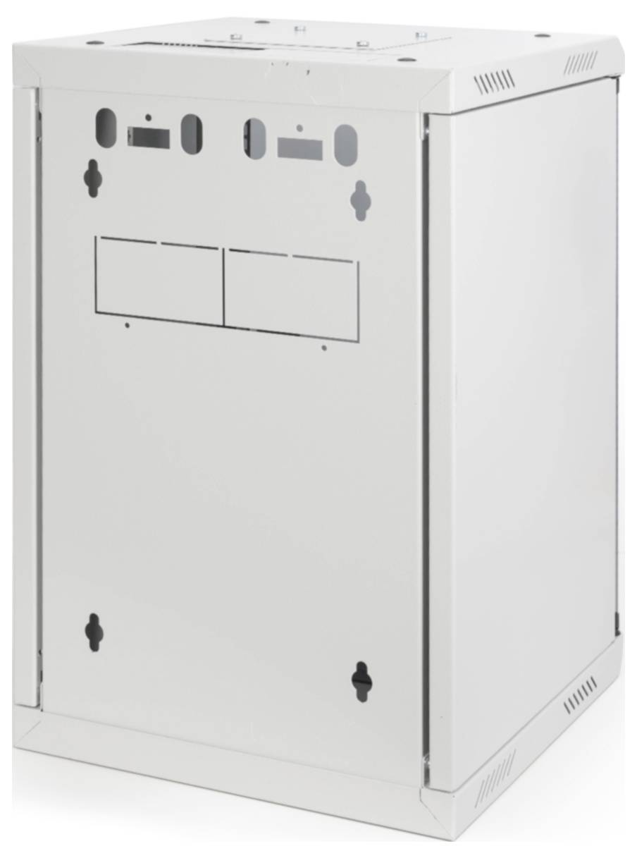 Fristående, vit metallåda med flera ventilationsöppningar och urtag, sannolikt avsedd för elektroniska enheter eller kabeldragningar.