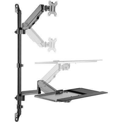 Höjdjusterbar dubbelmonitorarm med tangentbordshylla. Visar flexibla fästen för monitorer och ergonomiska arbetspositioner.