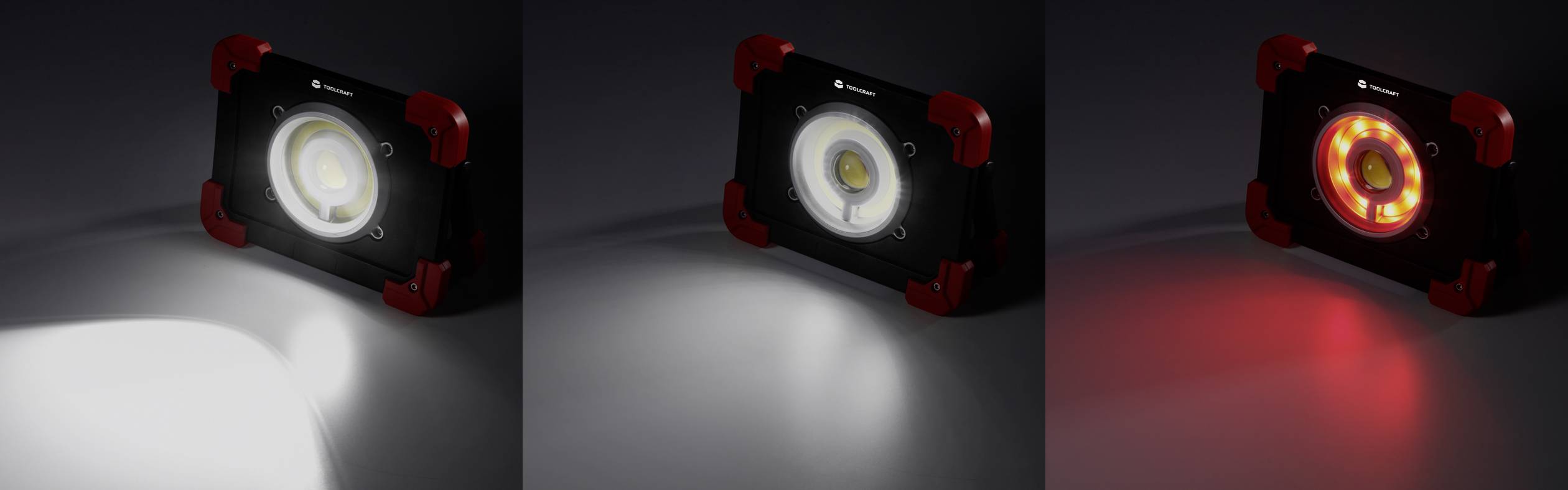En bärbar lampa visar tre olika ljuslägen: till vänster ett starkt vitt ljus, i mitten normalt vitt ljus, till höger rött ljus.