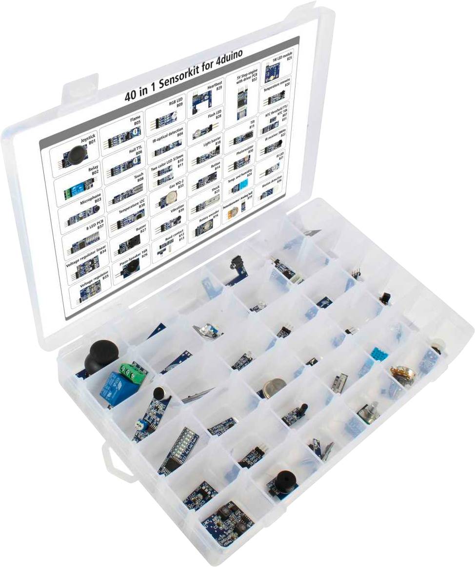Ett öppet plastfodral med flera fack som visar en samling Arduino-sensorer. En etikett med texten '40 in 1 sensorkit för Arduino' syns på locket.