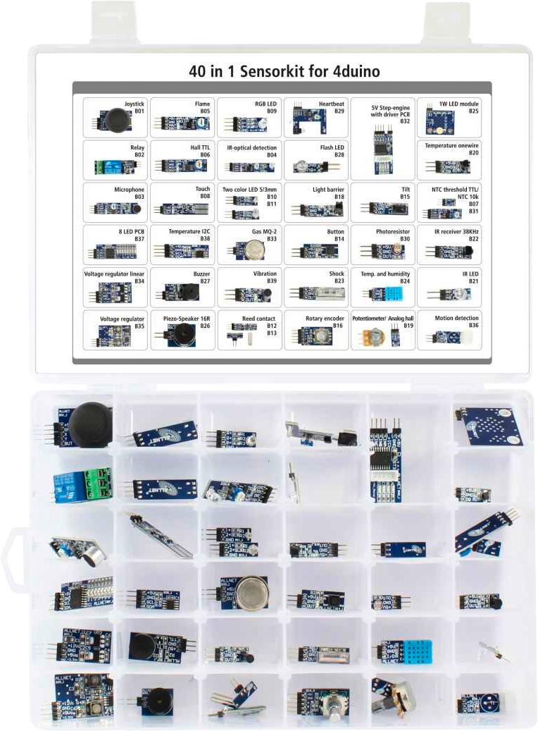 'Sensorpaket med 40 komponenter, sorterade i en märkt plastbehållare för Arduino-kompatibilitet.'