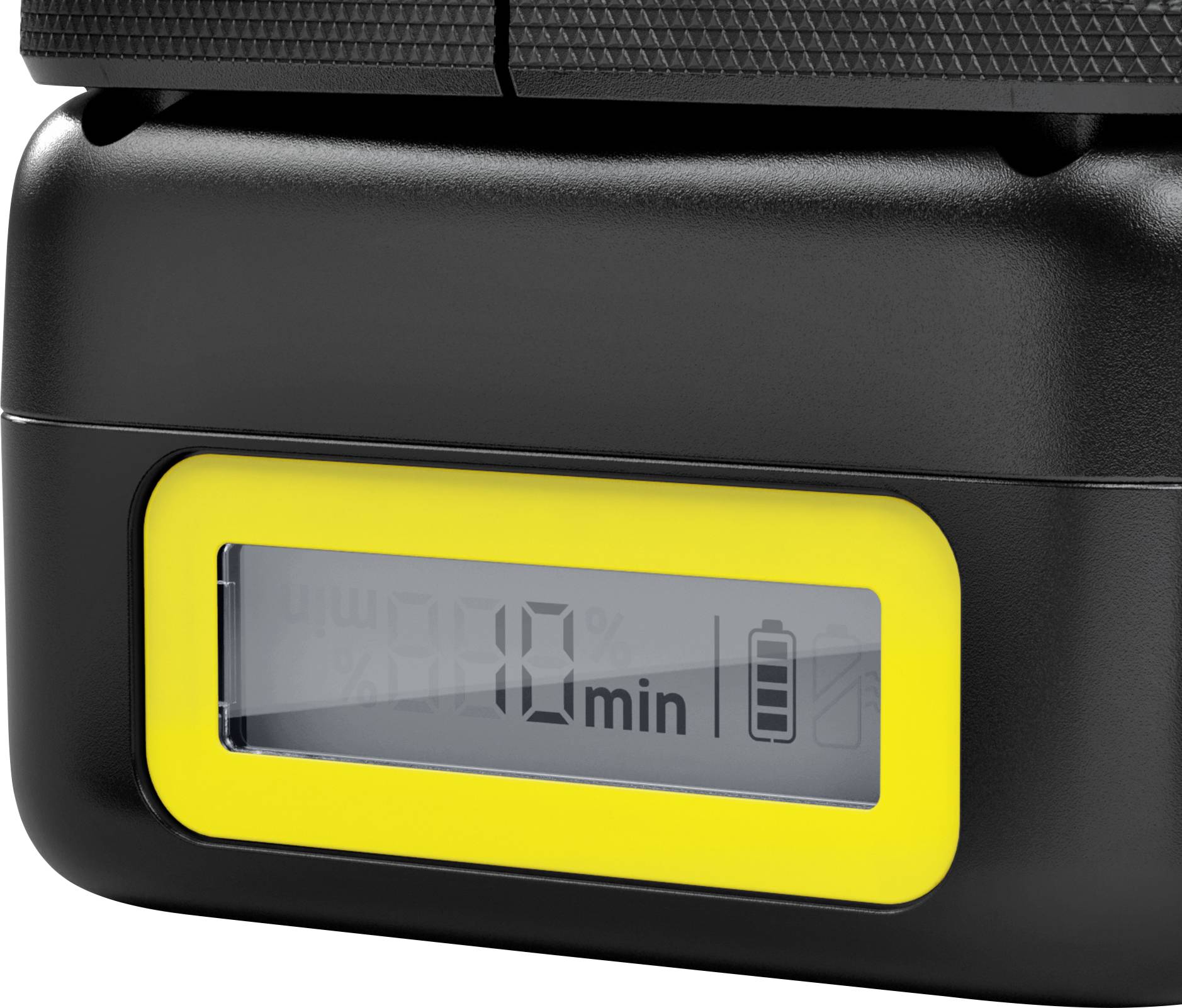 Digital timer med gul ram visar '10 min' och en batterisymbol.
