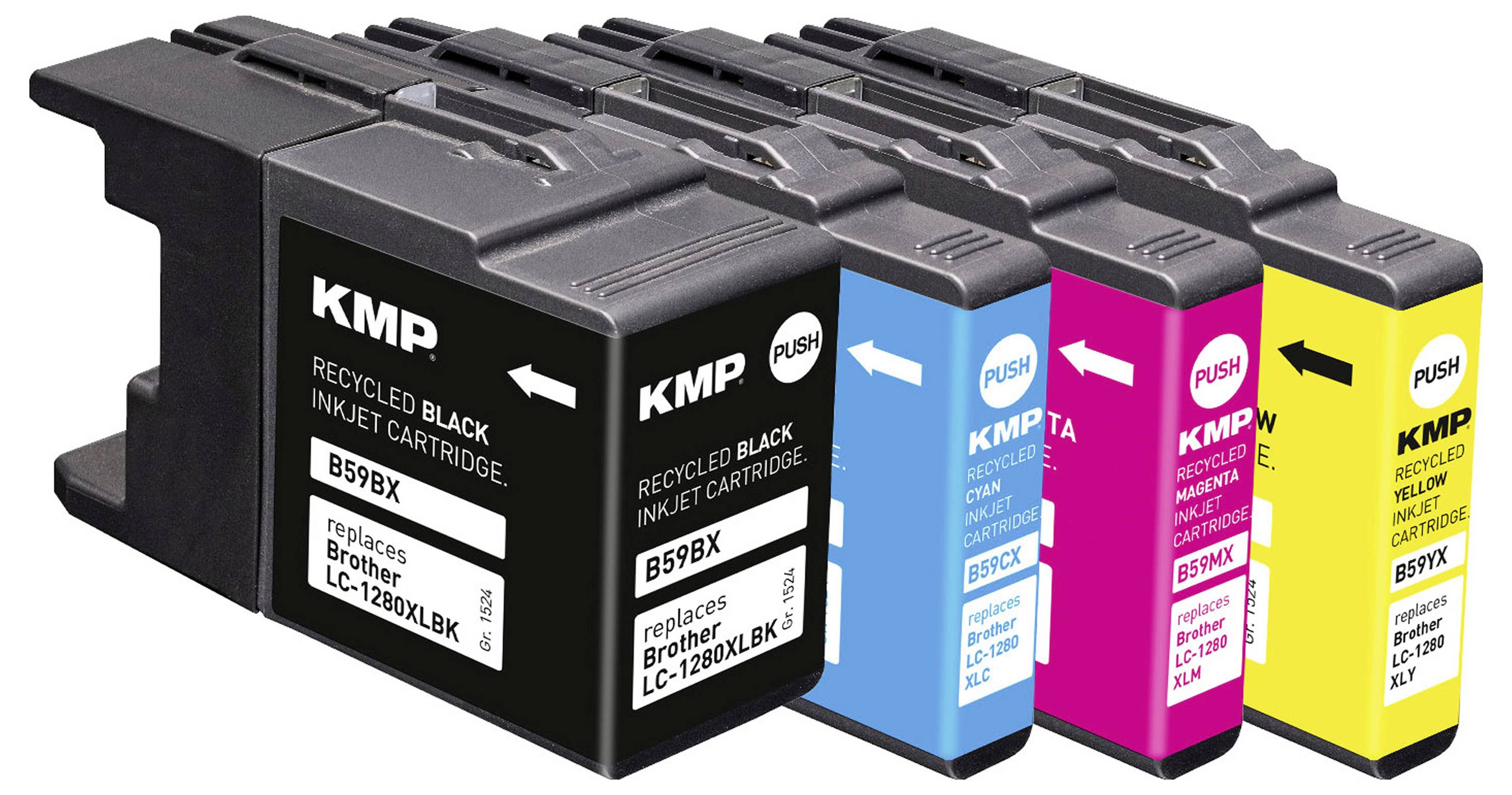Fyra KMP-bläckpatroner i svart, cyan, magenta och gul, märkta för användning i Brother-skrivare, placerade på rad med pilar som pekar åt höger.