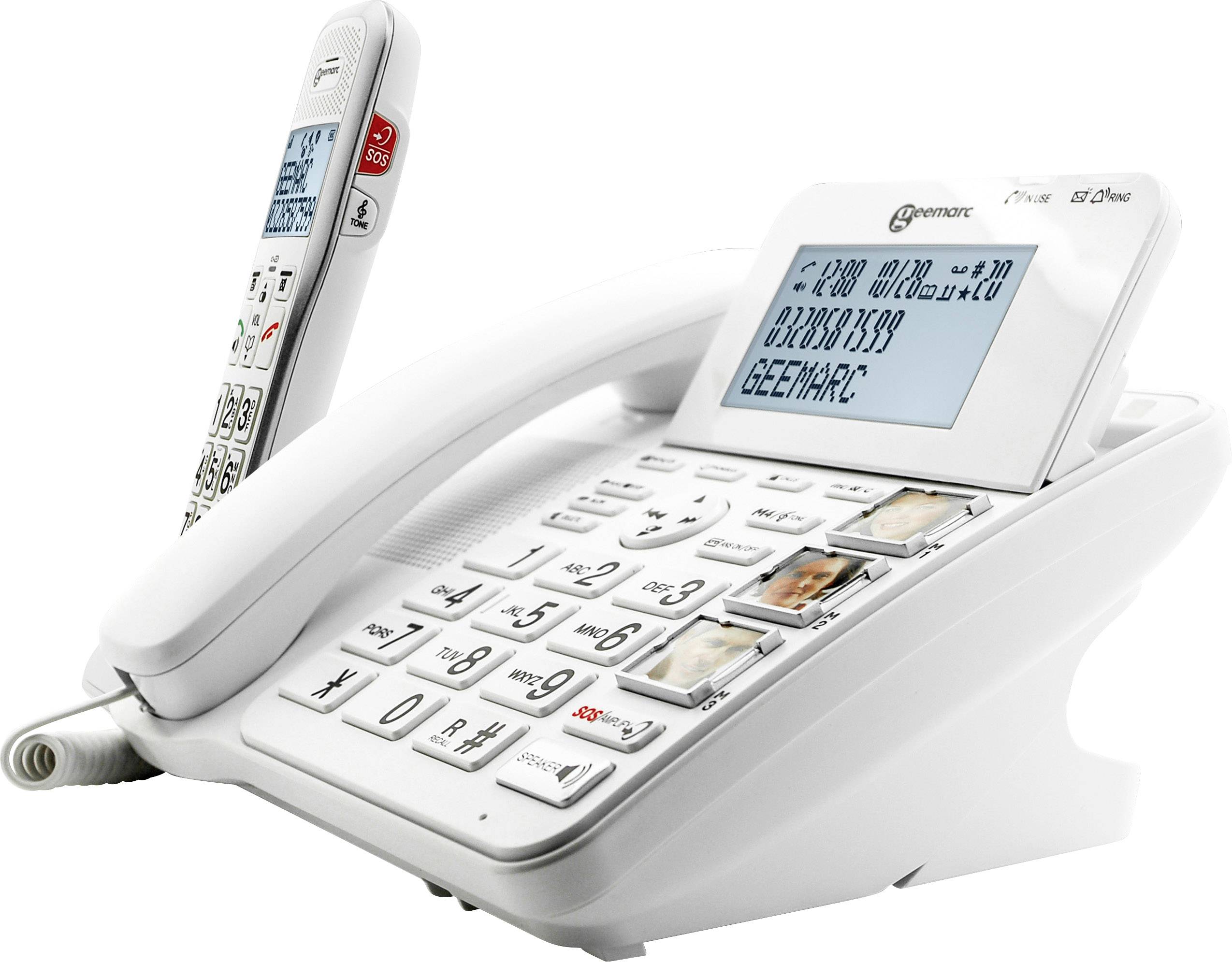 Telefon med stora knappar, display och sladdlös handenhet. Lämplig för personer med nedsatt syn eller hörsel.