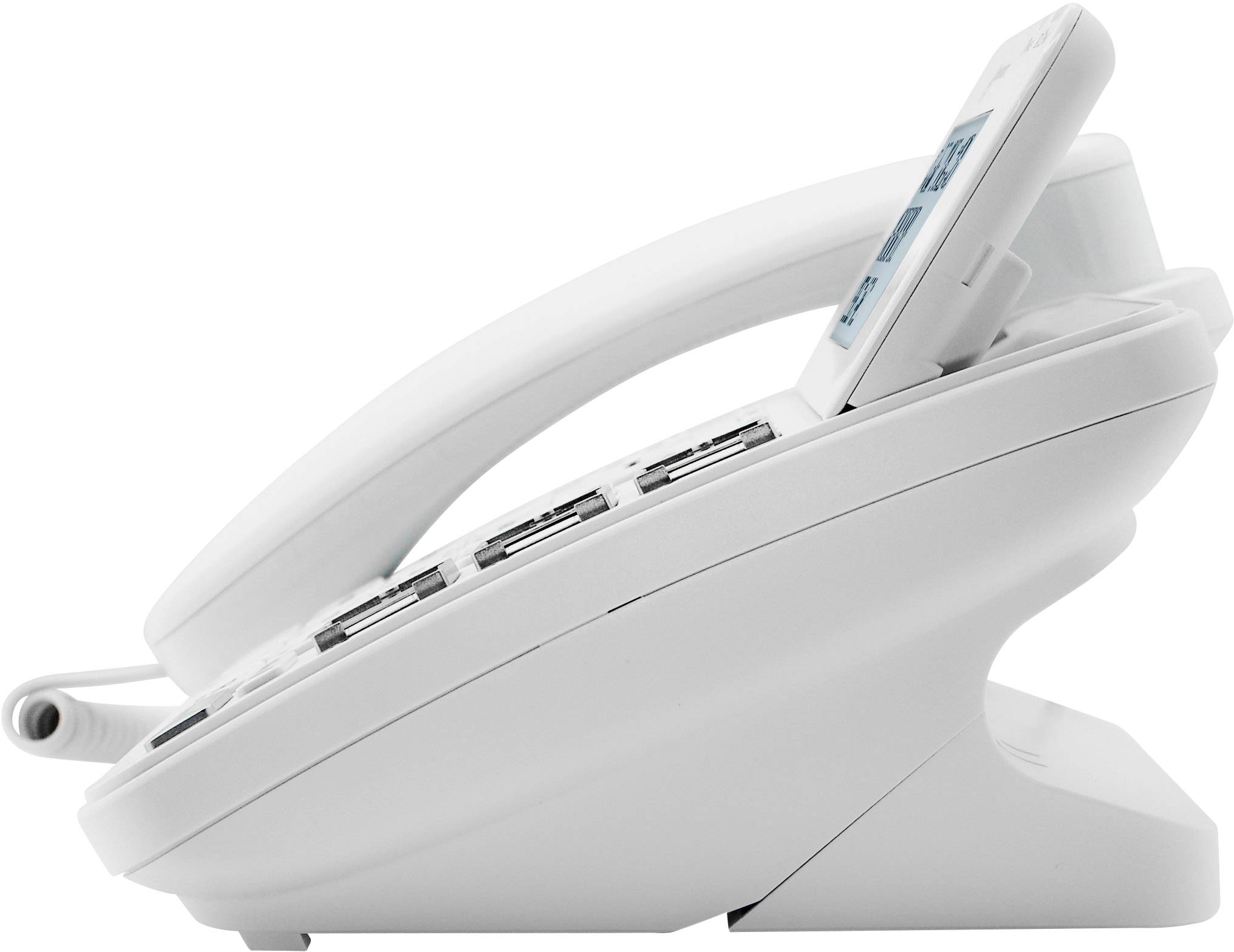 En vit fast telefon sedd från sidan, med flera knappar och en display.