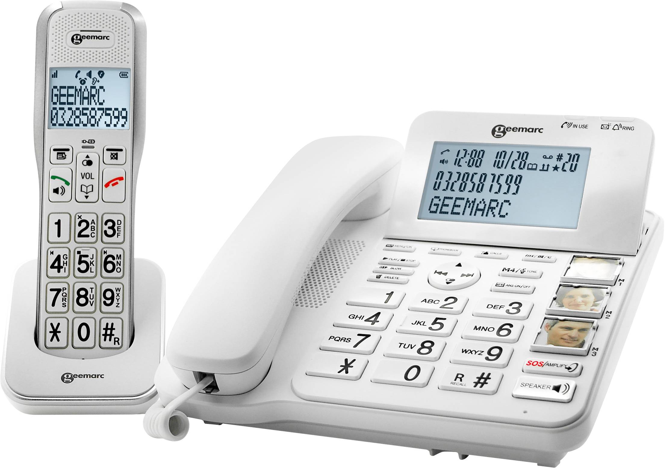 Sladdlös och sladdansluten telefon med stora knappar och displayvisningar med numret 0320857599.