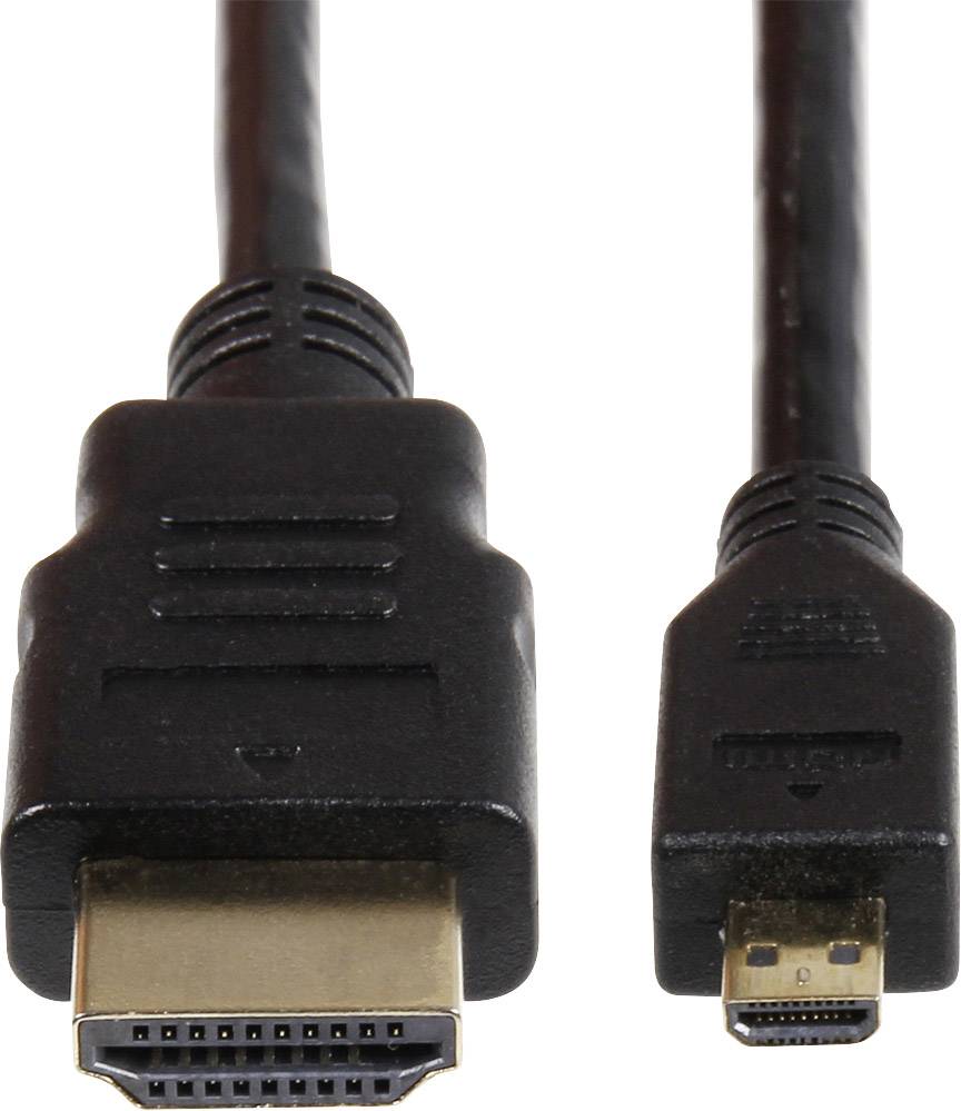 En HDMI-kabel med två kontakter: till vänster en vanlig HDMI-kontakt, till höger en mindre Mini-HDMI-kontakt.
