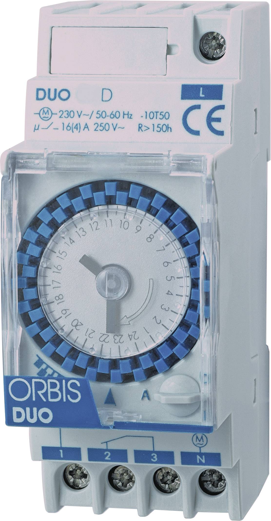 Tidur med blått roterande urtavla, tekniska specifikationer och CE-märkning synlig. Varumärke 'ORBIS DUO'.