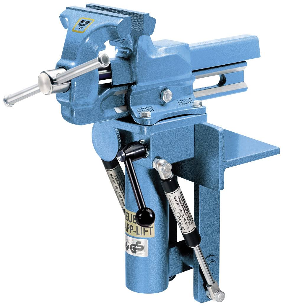 En blå skruvstäd med hydraulisk hävstångsfunktion, monterad på en arbetsbank. Perfekt för stabila och precisa arbeten.