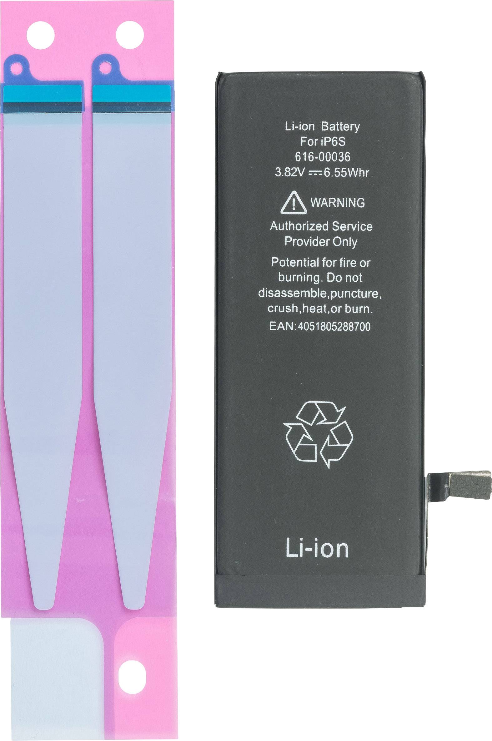 Ett litiumjonbatteri för en iPhone med varningsmeddelanden och återvinningssymbol på höljet, bredvid reservdelar på ett rosa band.