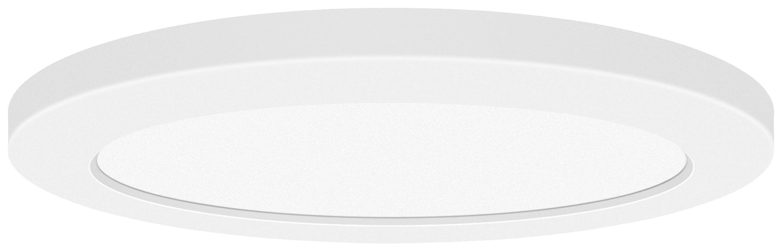 Platt, rund, vit LED-taklampa med minimalistisk design, lämplig för moderna interiörer.