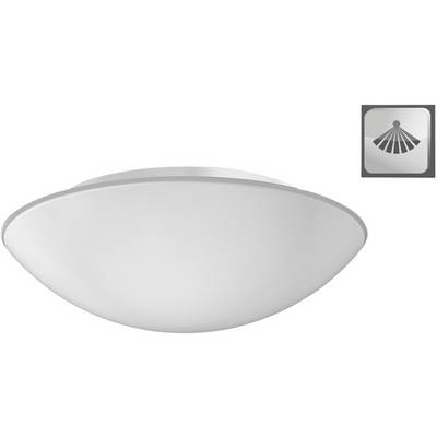 Lampskärm i vit glasskål med ett symboliskt logotypmärke för en lampa i övre högra hörnet.