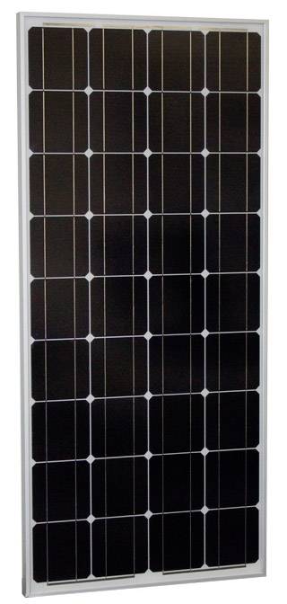 En solpanel med rektangulära svarta solceller i en metallram.