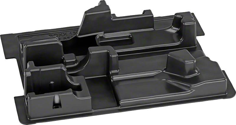 Bilden visar en svart, formad plastinsats för förpackning med olika fack och upphöjningar för placering av föremål.
