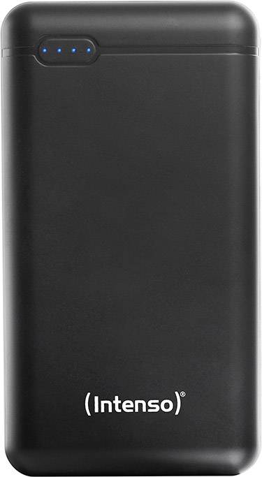 En svart powerbank med texten 'Intenso' och fyra blå LED-lampor för att visa laddningsstatus.