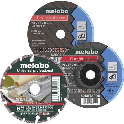 Tre Metabo cirkelsågblad med förpackningsetiketter: Flexiarapid super, Combinator och Universal professional.