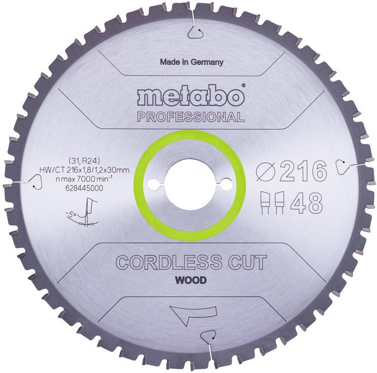 Metabo Professional trådlös kappsågsblad för trä, märkt tillverkad i Tyskland, 216 mm diameter, 48 tänder.