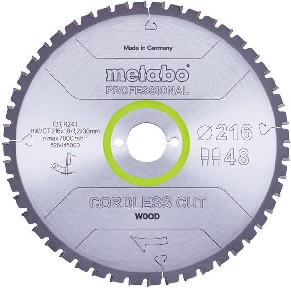 Metabo Cordless Cut Wood 628445000 Cirkelsågblad 216 x 30 x 1.2 mm Antal tänder (per tum): 48 1 st