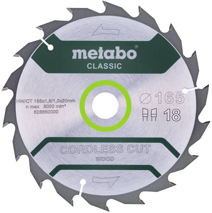 Metallisk cirkulär sågsblad märkt "metabo CLASSIC" och "CORDLESS CUT WOOD", med 165 mm diameter och 18 tänder.