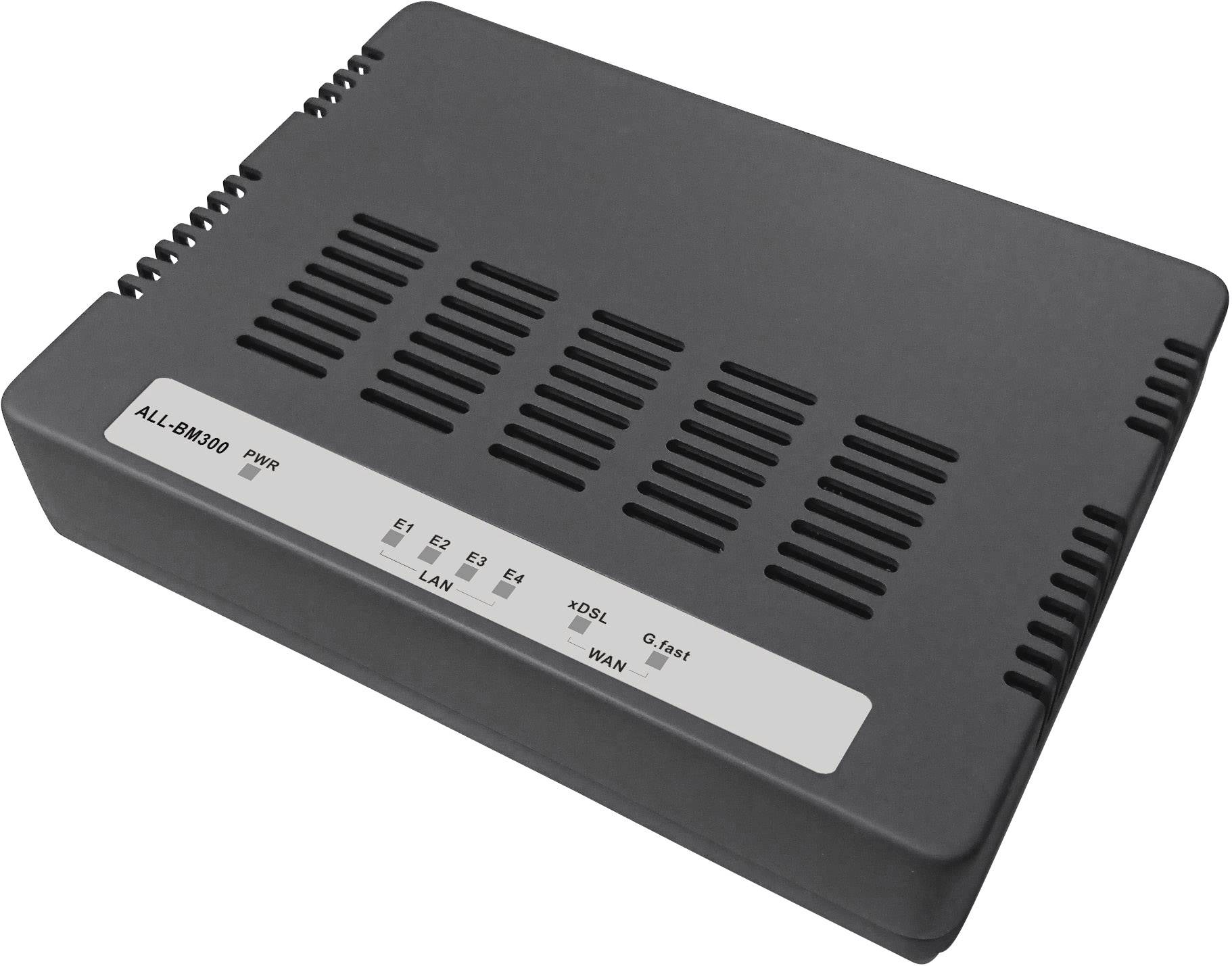 En svart DSL-router med flera ventilationsöppningar och anslutningar, inklusive LAN-, WAN- och DSL-portar.