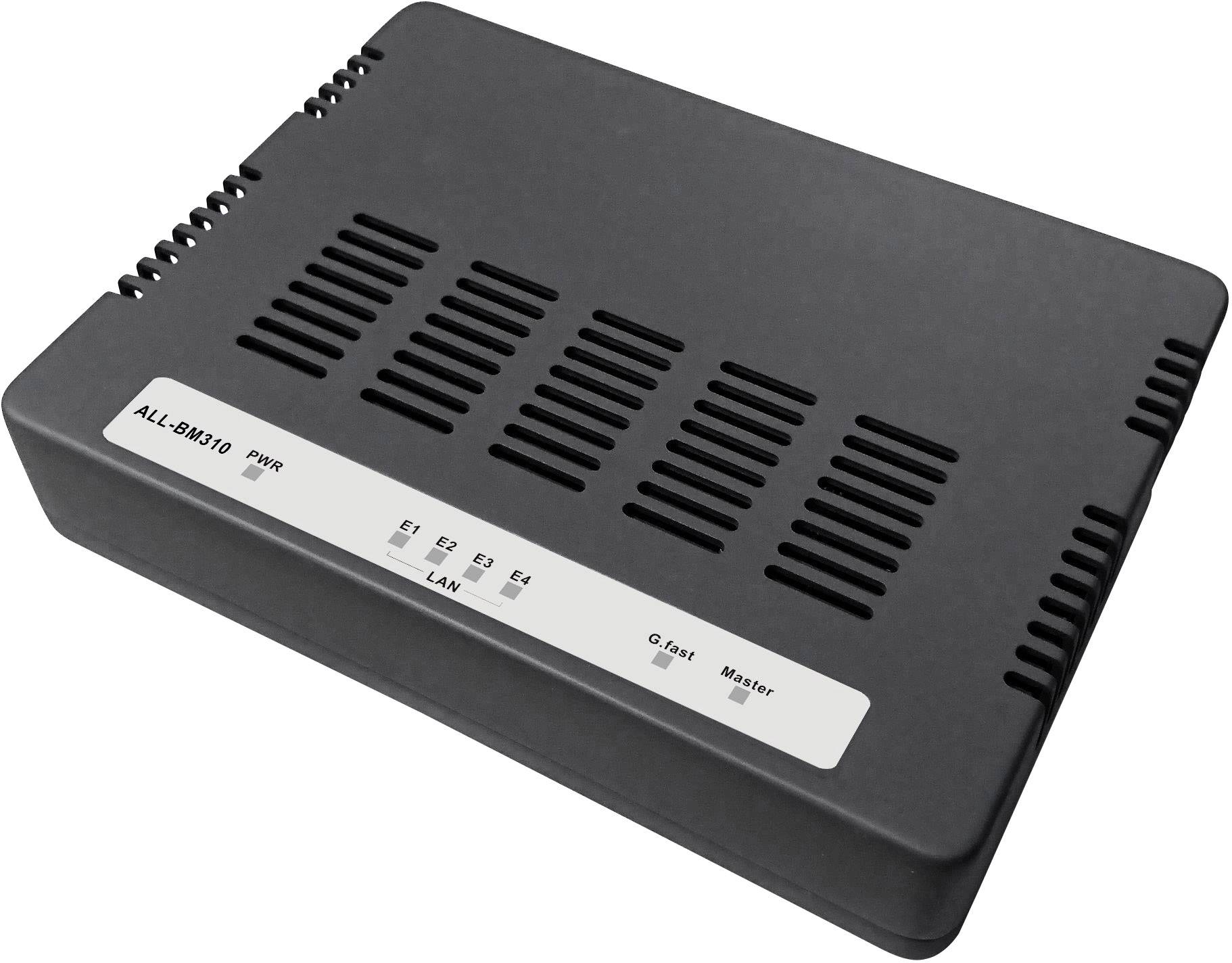 Svart nätverksswitch med flera Ethernet-portar och LED-indikatorer för status.