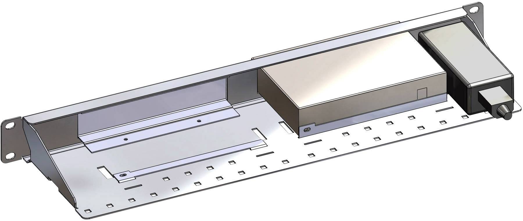 '3D-representation av en rektangulär metallhållare med urtag och två monterade komponenter, däribland ett rektangulärt hölje.'