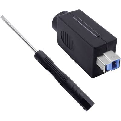 En svart adapter med rektangulärt hölje och USB-anslutning bredvid en liten svart skruvmejsel.
