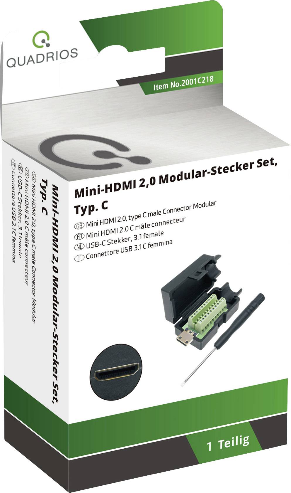 Förpackning för ett Mini-HDMI 2.0 modulärt kontaktset, Typ C. Innehåller en kontakt, adapter och verktyg. Märke: Quadrios.