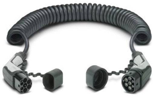 En spiralformad laddkabel för elfordon med två olika kontaktdon i ändarna.