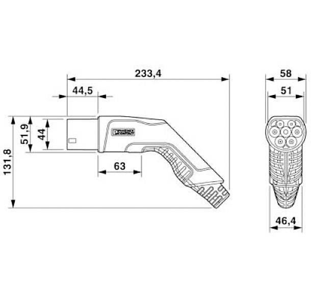 Illustration av ett tekniskt diagram över en kontakt med dimensioner i millimeter. Huvudmått: 233,4 mm längd, 51,9 mm höjd.