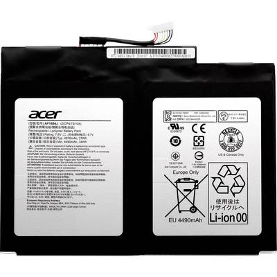 Acer-laptopbatteri med specifikationer: 11,4V, 36Wh. Innehåller symboler för återvinning och säkerhetsvarningar. Modell: AP16M4J.