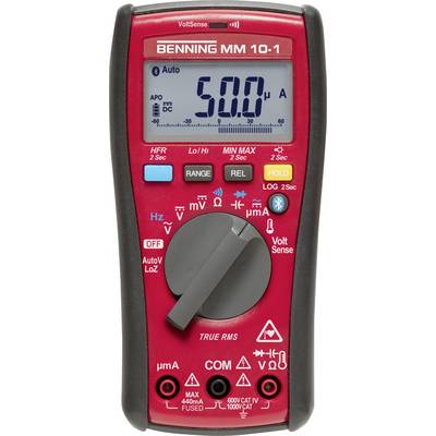 Ett digitalt multimeter med displayvisning som visar '50,0 µA'. Det har olika mätfunktioner och röda knappar för val.