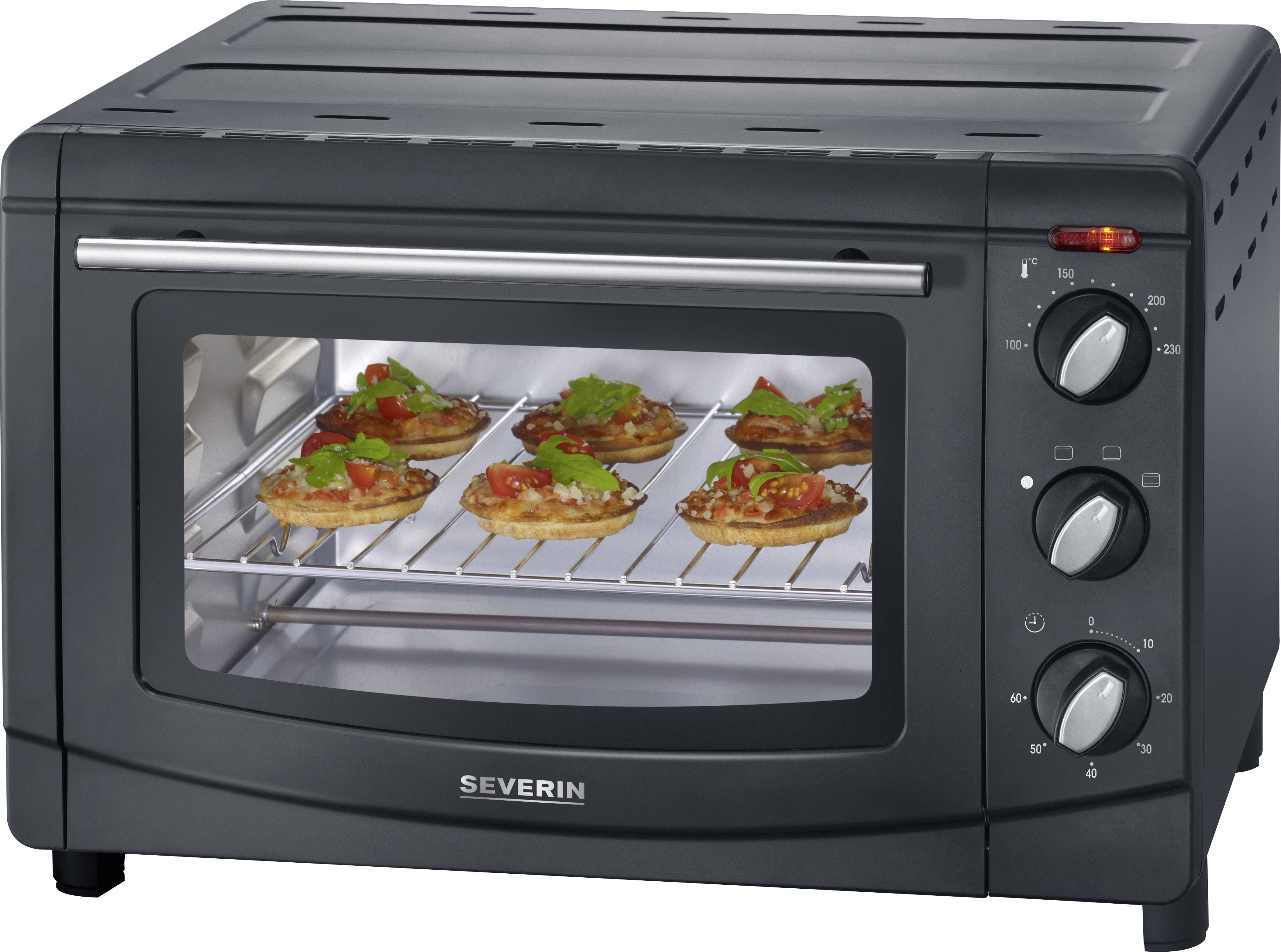 Svart miniatyrugn med genomskinligt fönster, visar mini-pizzor på en galler inuti, vred på sidan.