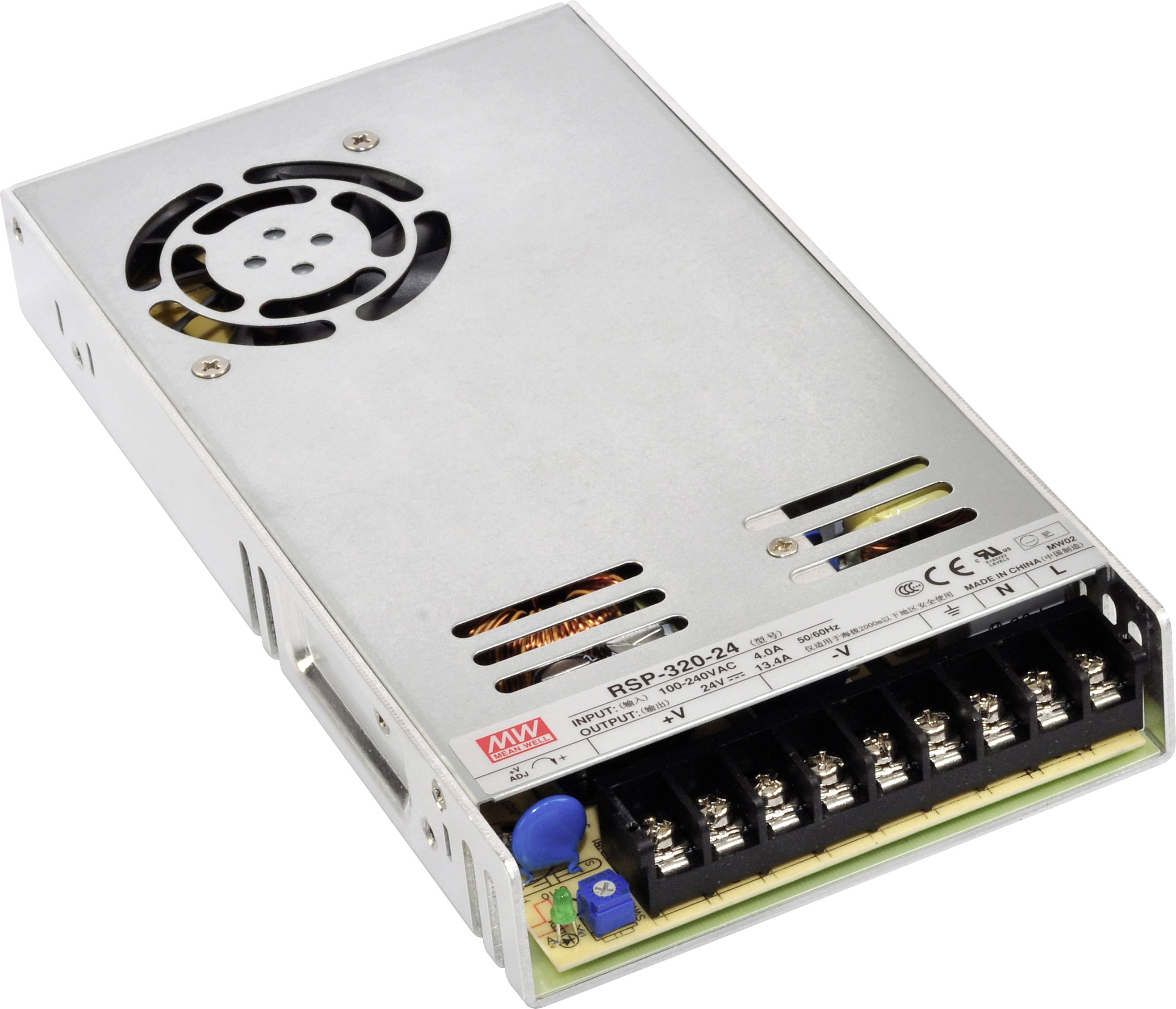Ett silverfärgat nätaggregat med fläkt och svarta anslutningar, lämpligt för användning i elektroniska enheter. Modellnummer: RSP-320-24.