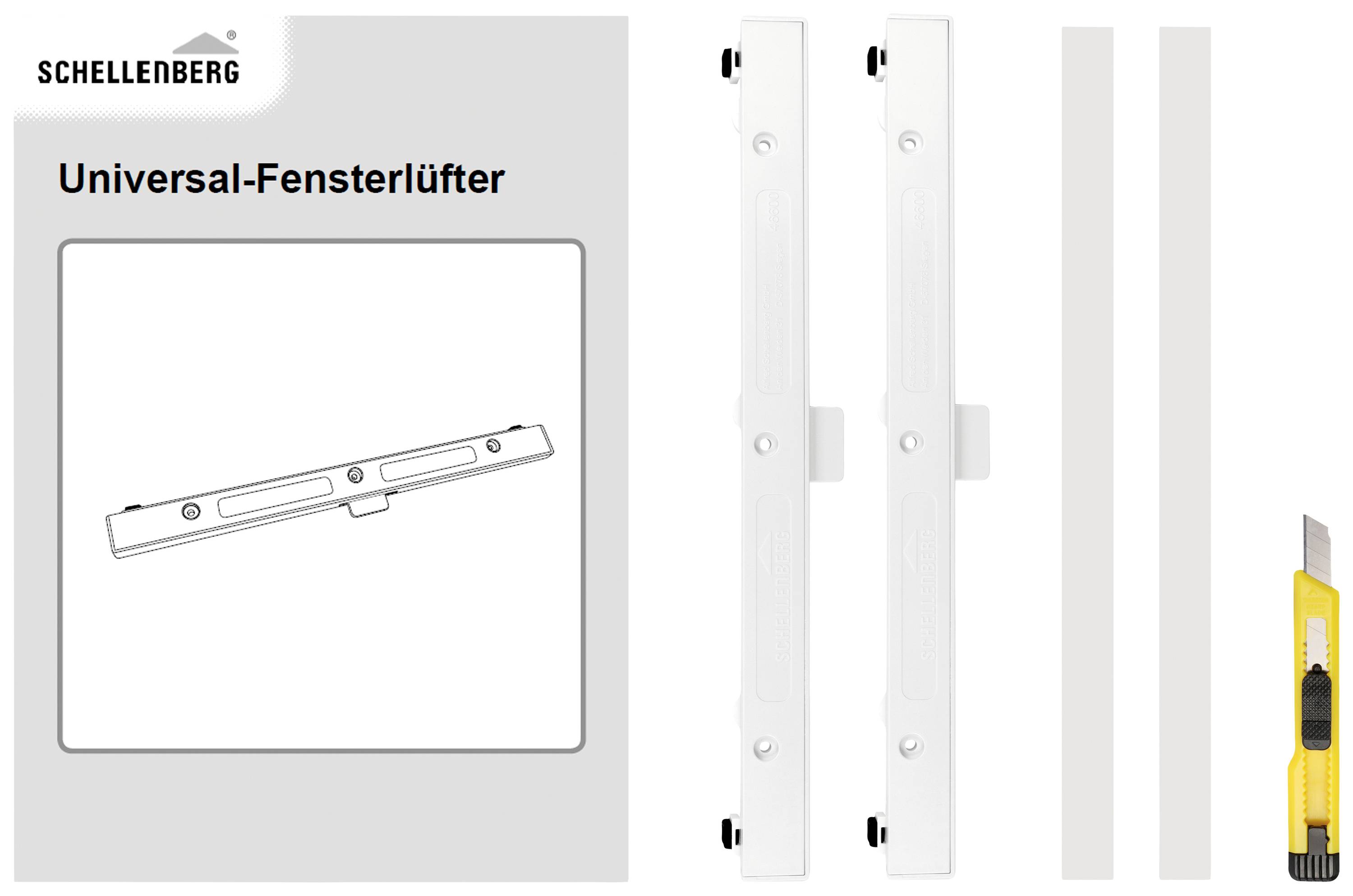 'Universal-Fönstervädring' låda med bild av två vita vädringselement, två klistremsor och en skärkniv för installation.