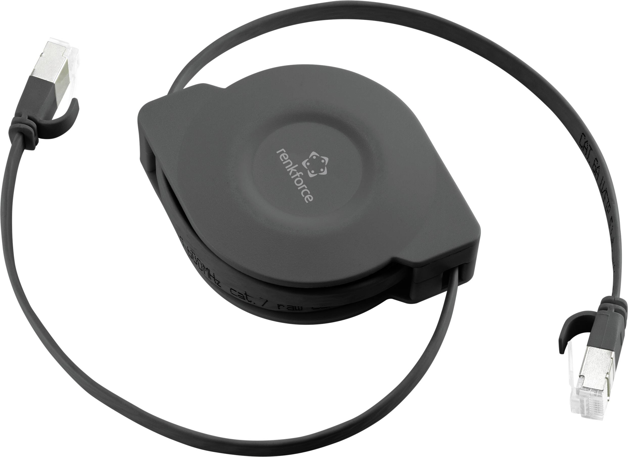 Svart, upprullbart Ethernet-kabel med RJ45-kontakter i båda ändar. Idealisk lösning för flexibla nätverksapplikationer.